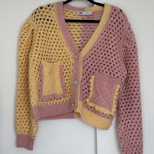 Zara Women's Pink and Yellow Cardigan